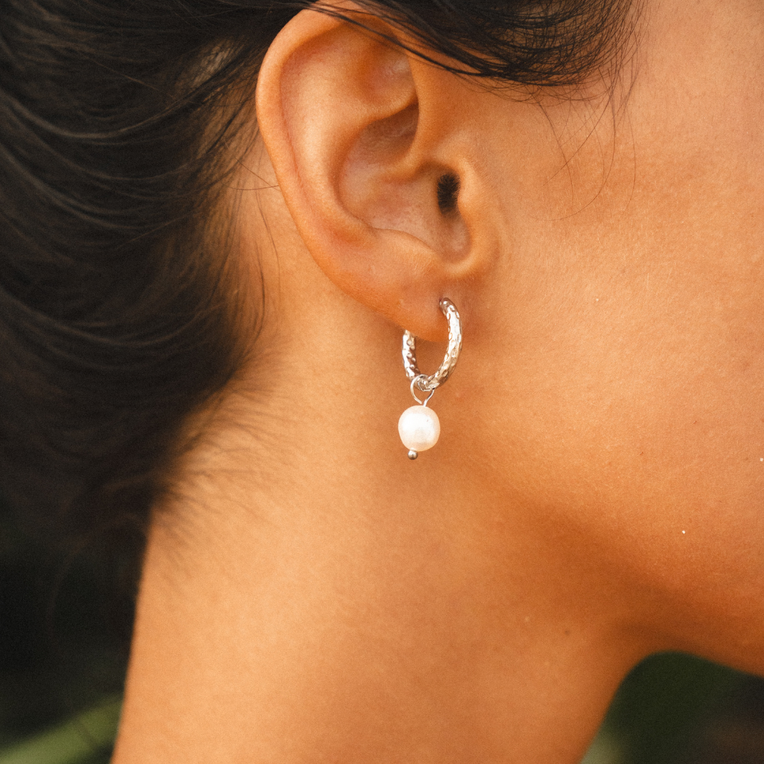Hammered Pearl Hoop Earrings, 12 mm