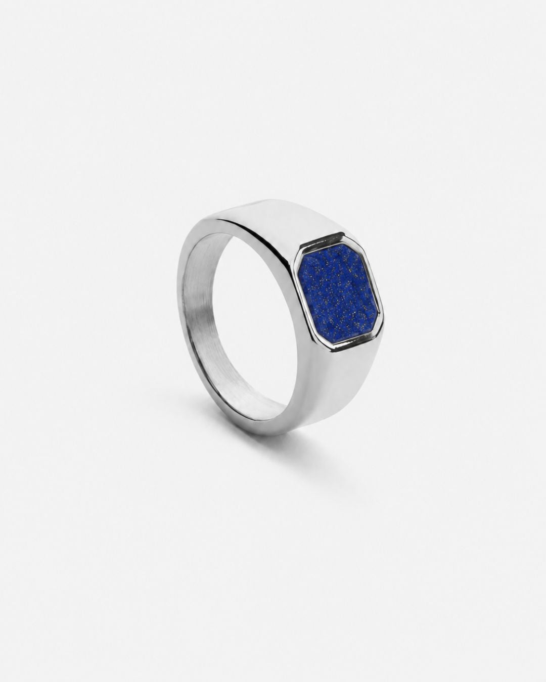 Men’s Blue Inlay Signet Ring, Silver-Plated Steel, US 7–13