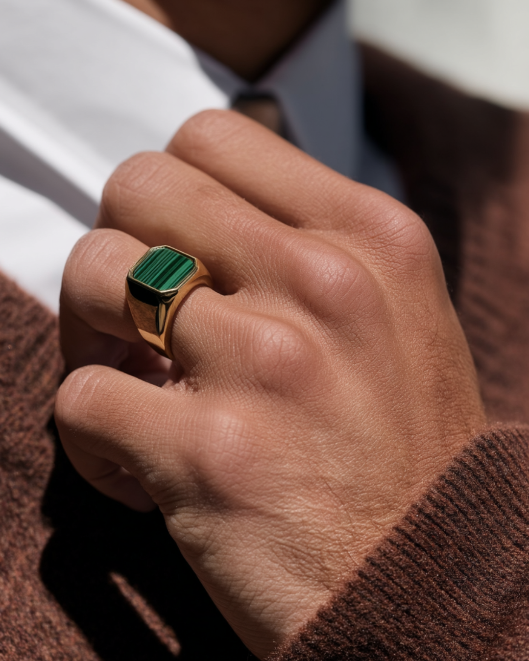 Men’s Green Malachite Signet Ring, Gold-Plated Steel — Malachio