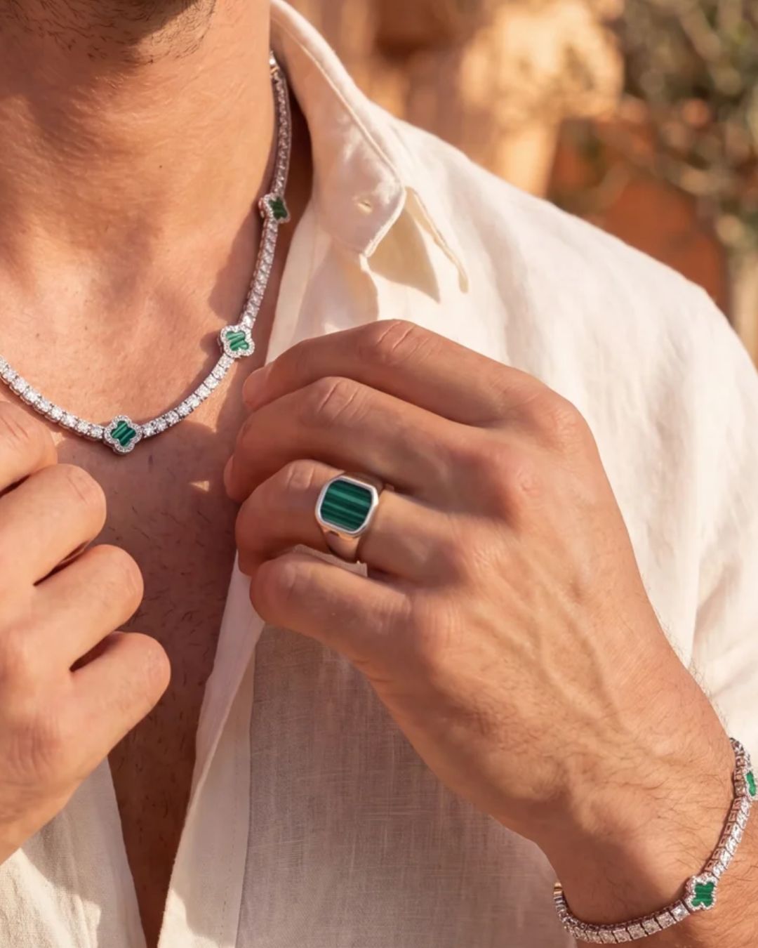 Men’s Green Malachite Signet Ring, Silver-Plated Steel — Malachio