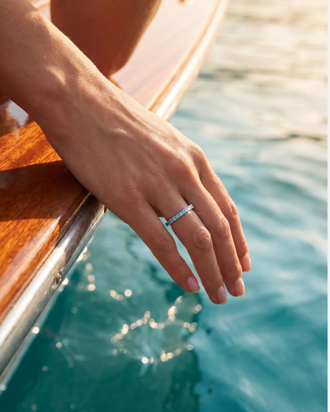 Turquoise-Blue Zircon Stone Band Ring, Stainless Steel — Mar Rosa