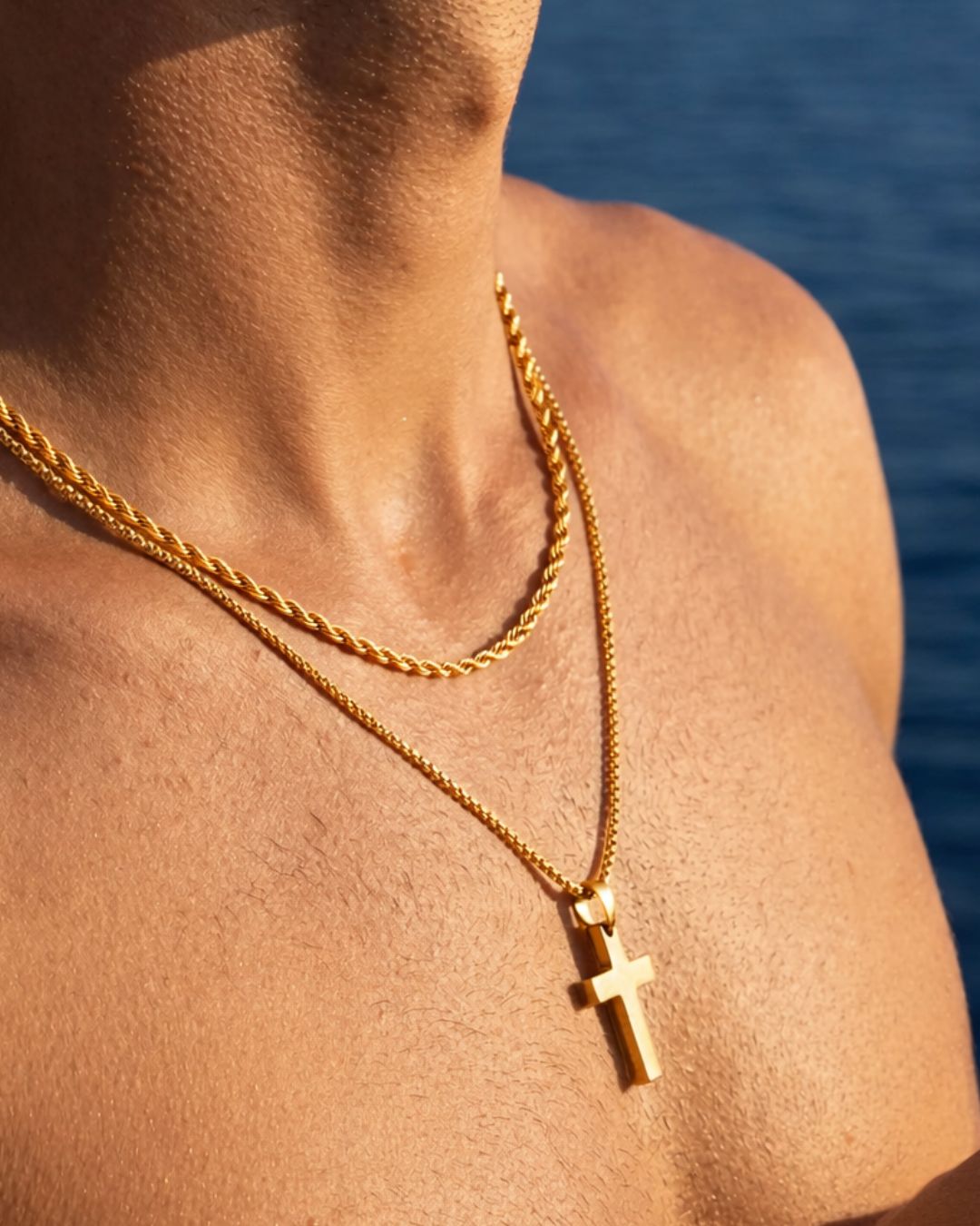 Men’s Cross and Rope Necklace and Bracelet Set, 4 Pieces, Gold-Tone