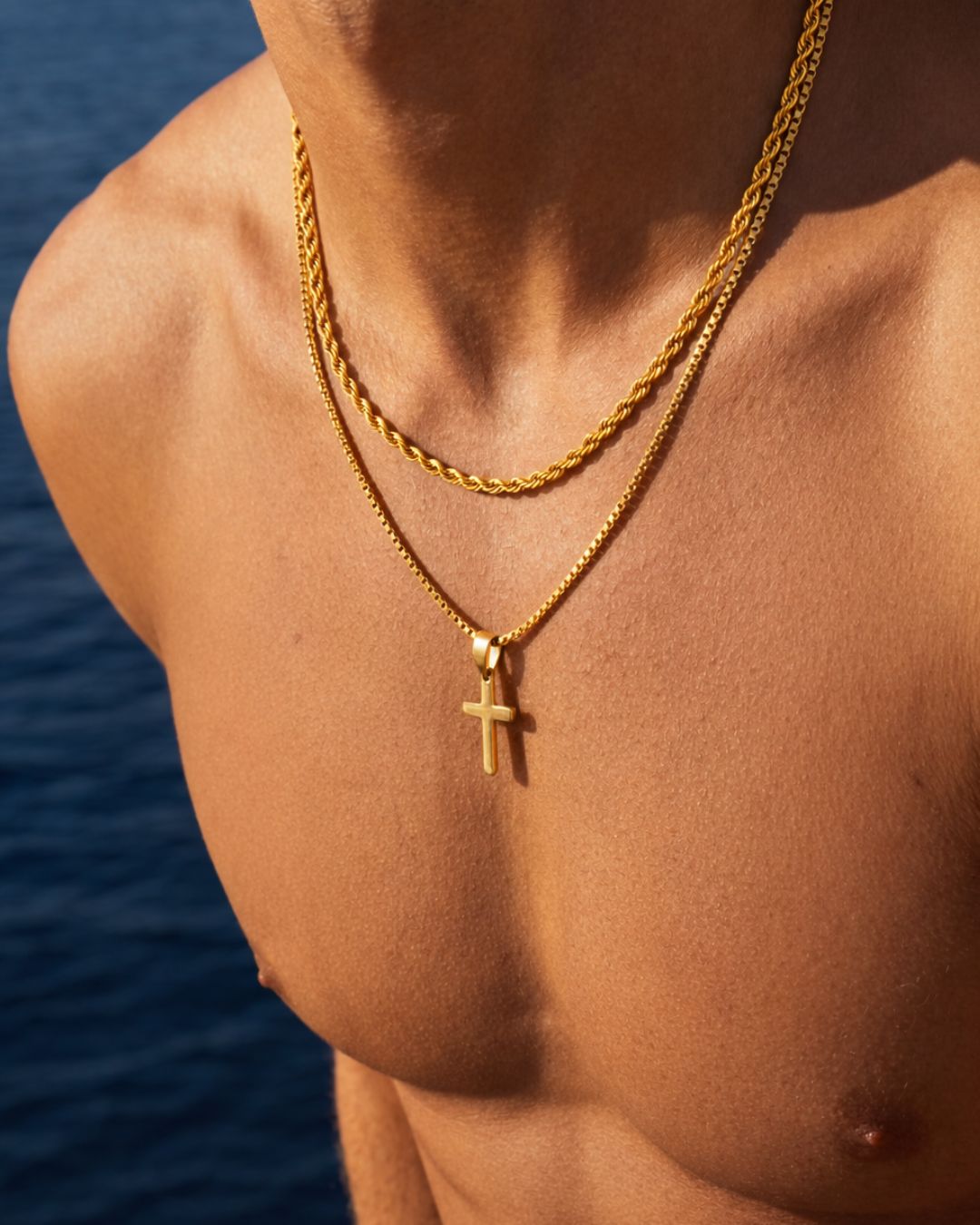 Men’s Cross and Rope Necklace and Bracelet Set, 4 Pieces, Gold-Tone