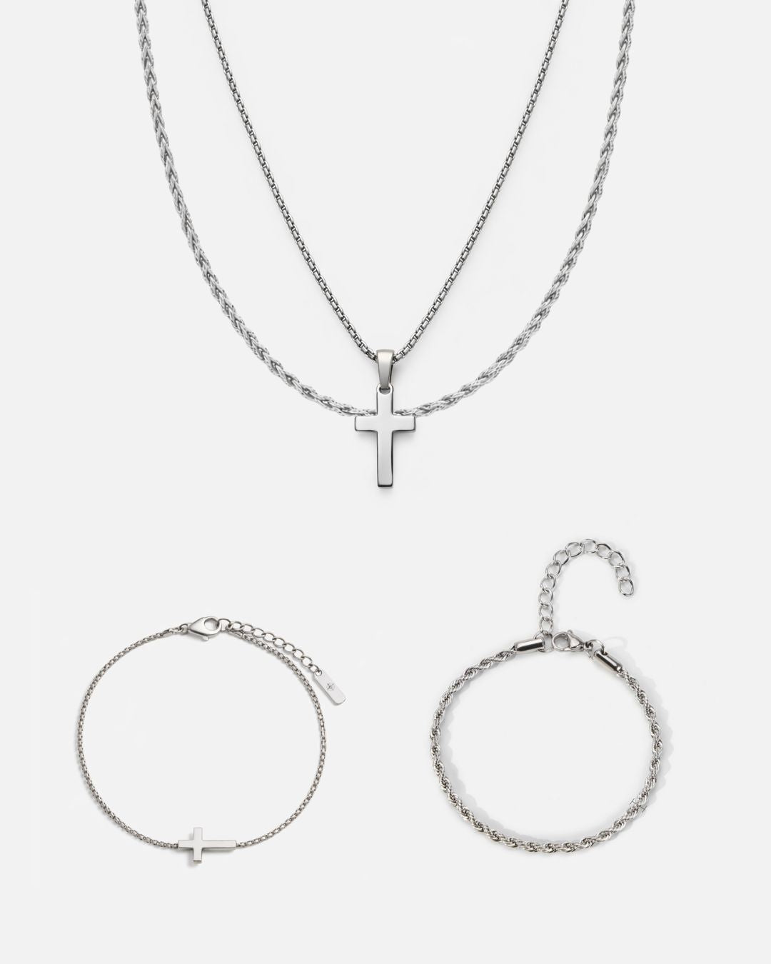 Men’s Cross and Rope Necklace and Bracelet Set, 4 Pieces, Silver-Tone