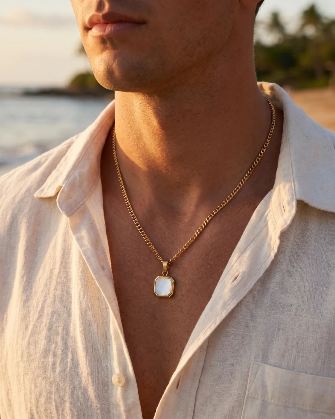 Pearlescent White Inlay Pendant Necklace, 14K Gold-Plated Steel