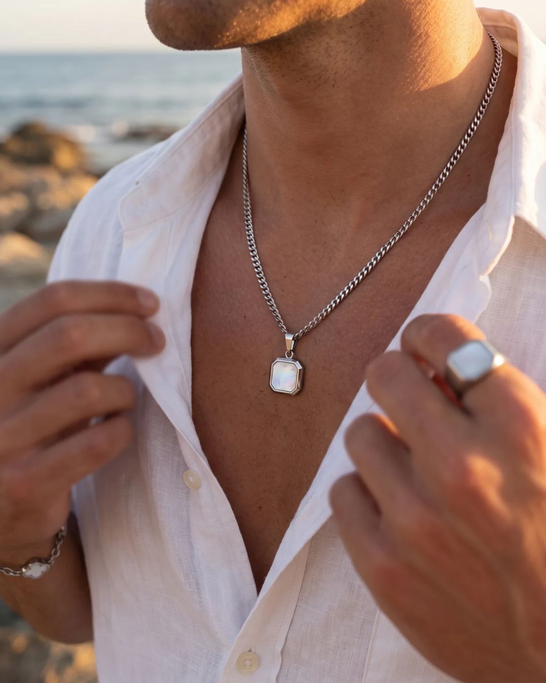 Pearlescent White Inlay Pendant Necklace, Silver-Plated Steel