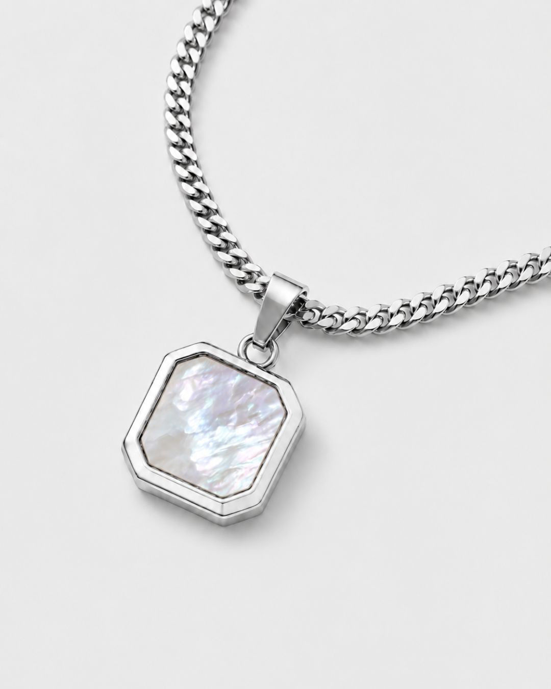 Pearlescent White Inlay Pendant Necklace, Silver-Plated Steel