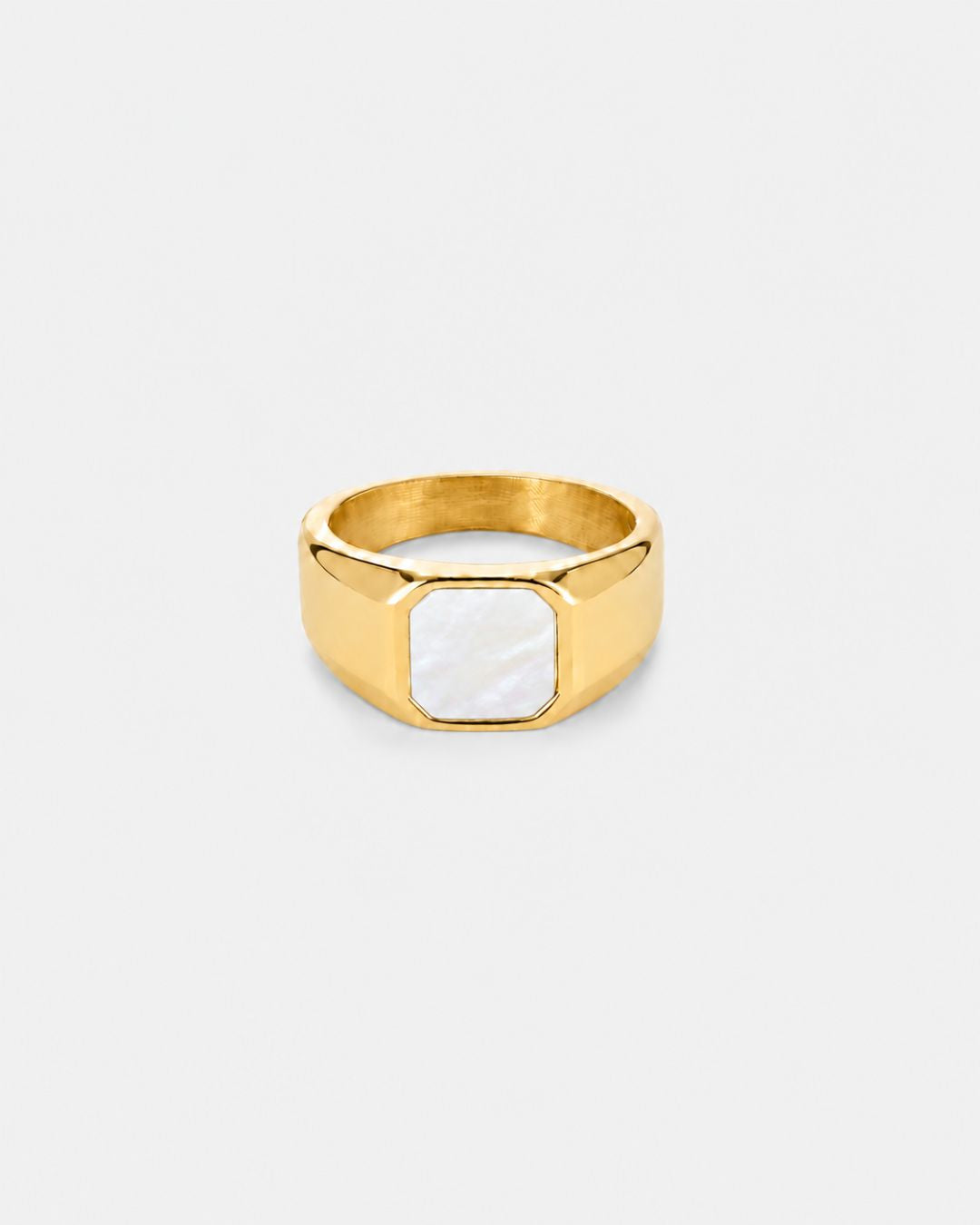 Pearlescent White Inlay Signet Ring, Gold-Plated Steel, US 7–13