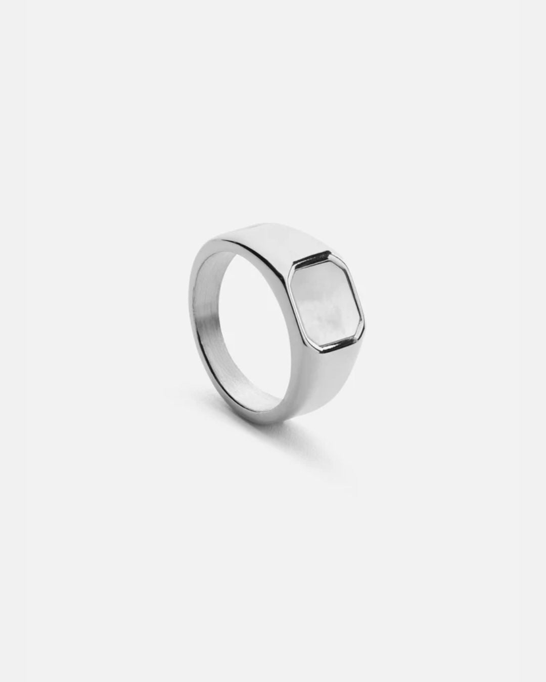 Pearlescent White Inlay Signet Ring, Silver-Plated Steel, US 7–13