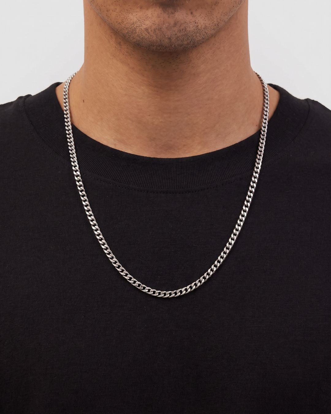 Men’s Cuban Chain Necklace, 3 mm, Silver-Tone Steel — Nocturno