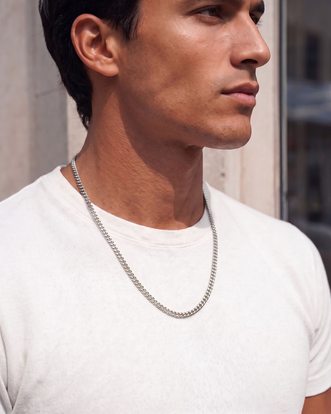 Men’s Cuban Chain Necklace, 3 mm, Silver-Tone Steel — Nocturno