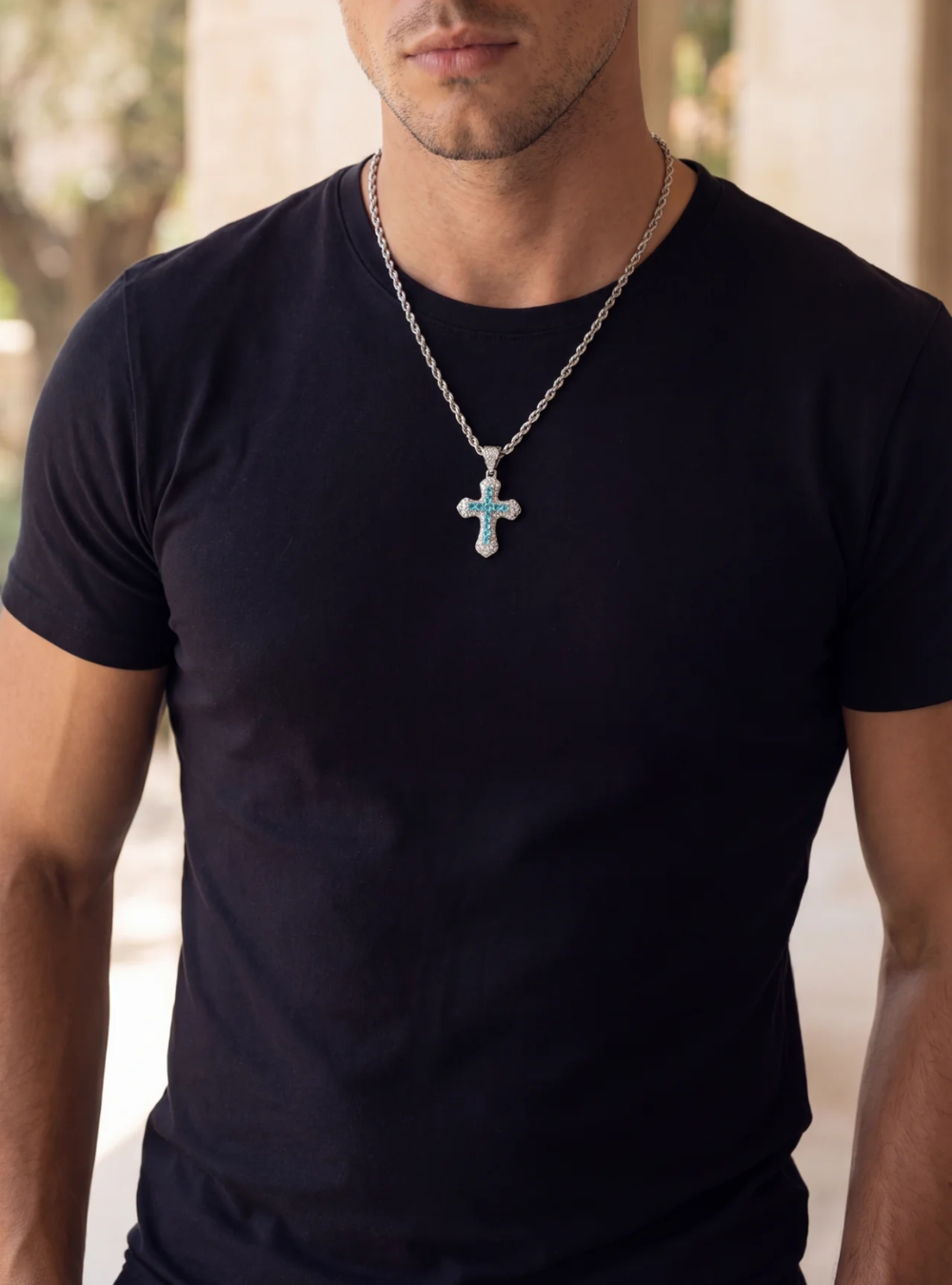 Men’s Blue Stone Iced Cross Pendant Necklace, Silver-Plated Copper