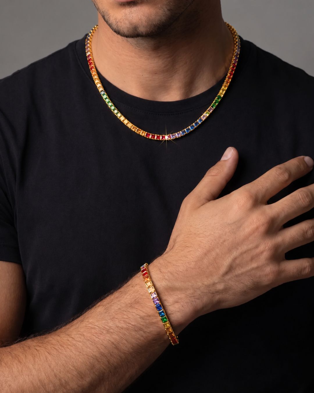Rainbow Tennis Necklace, 4 mm, 18K Gold-Plated