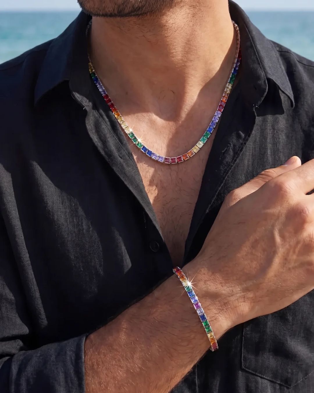 Rainbow Tennis Necklace, 4 mm, Platinum-Plated
