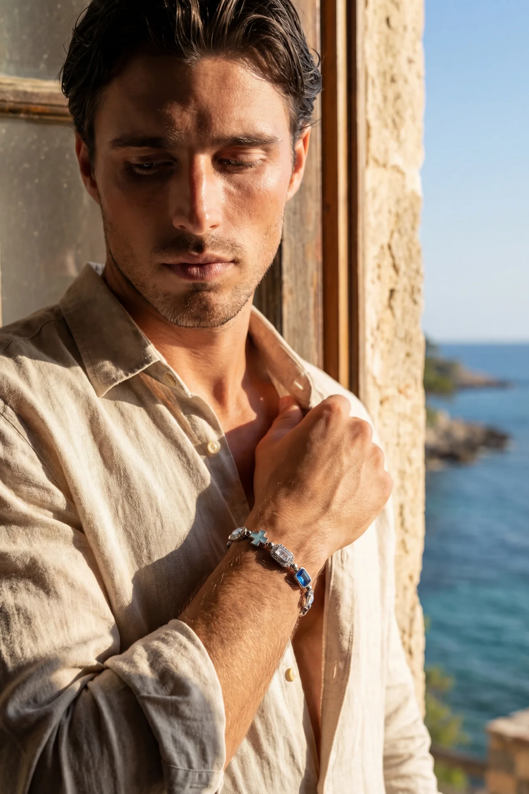 Men’s Blue and Clear Mosaic Bracelet, 6 mm, Silver-Tone — Royal Azure