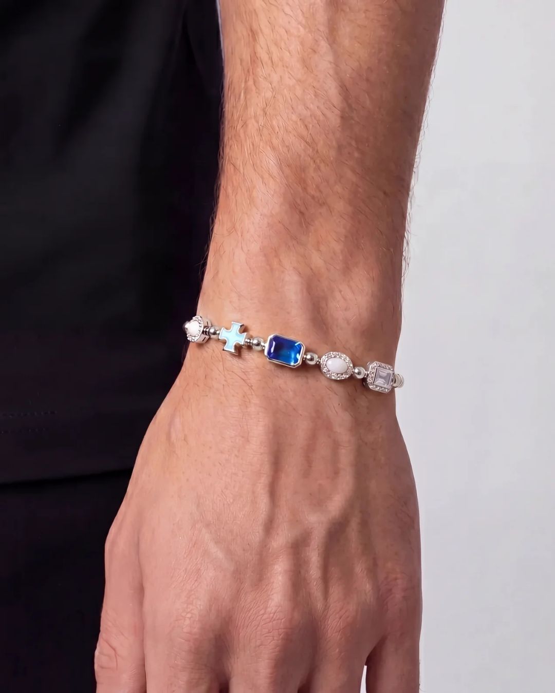 Men’s Blue and Clear Mosaic Bracelet, 6 mm, Silver-Tone — Royal Azure