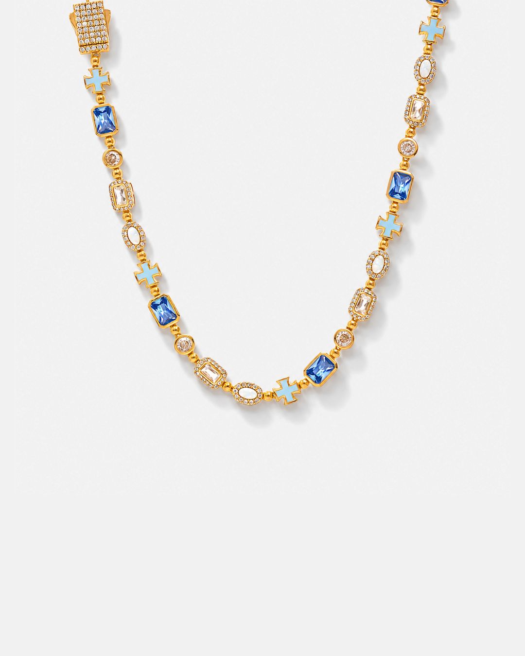 Men’s Blue and Clear Mosaic Necklace, 6 mm, 18K Gold-Plated — Royal Azure