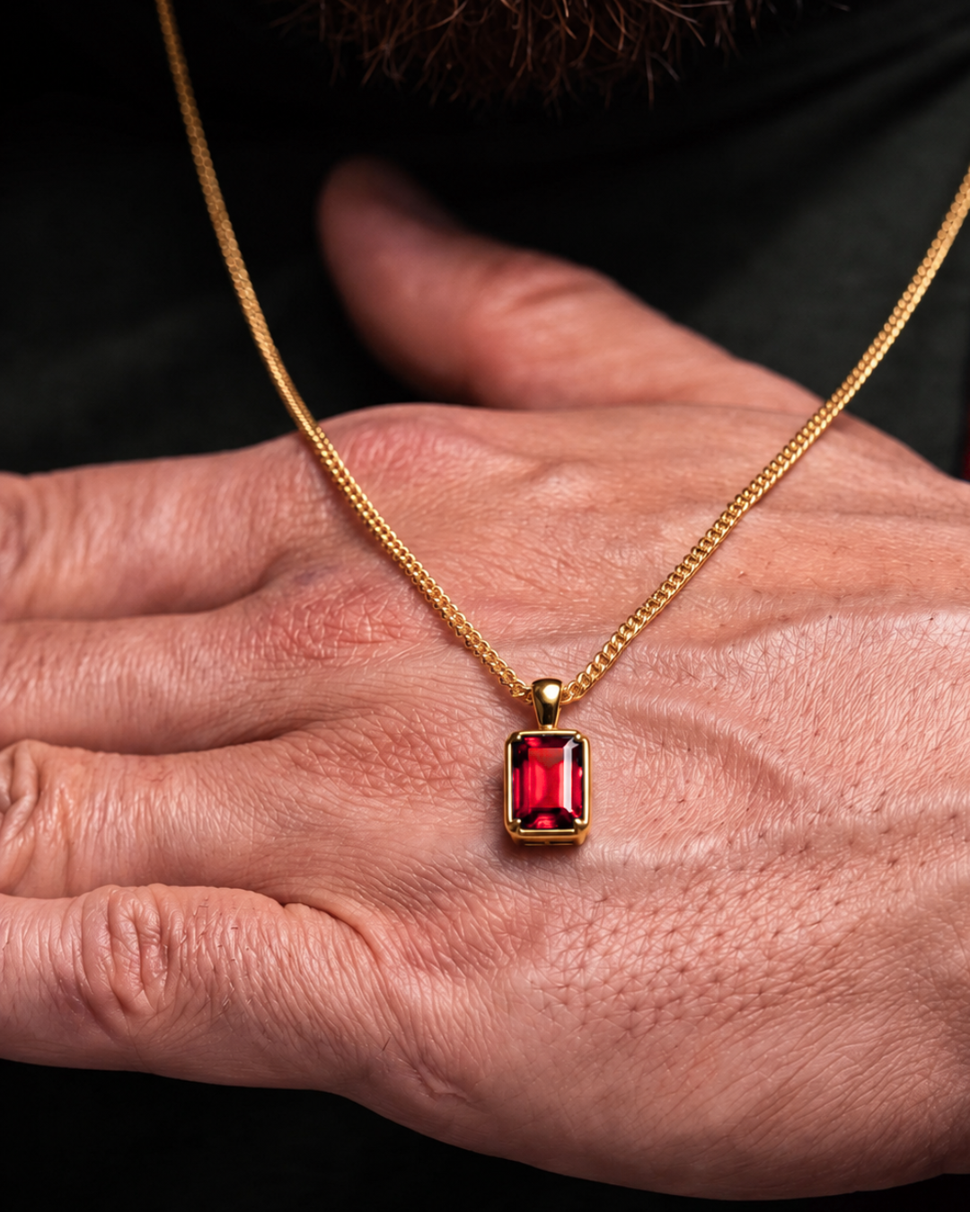 Men’s 1 Carat Lab-Grown Ruby Pendant Necklace, 18K Gold-Plated