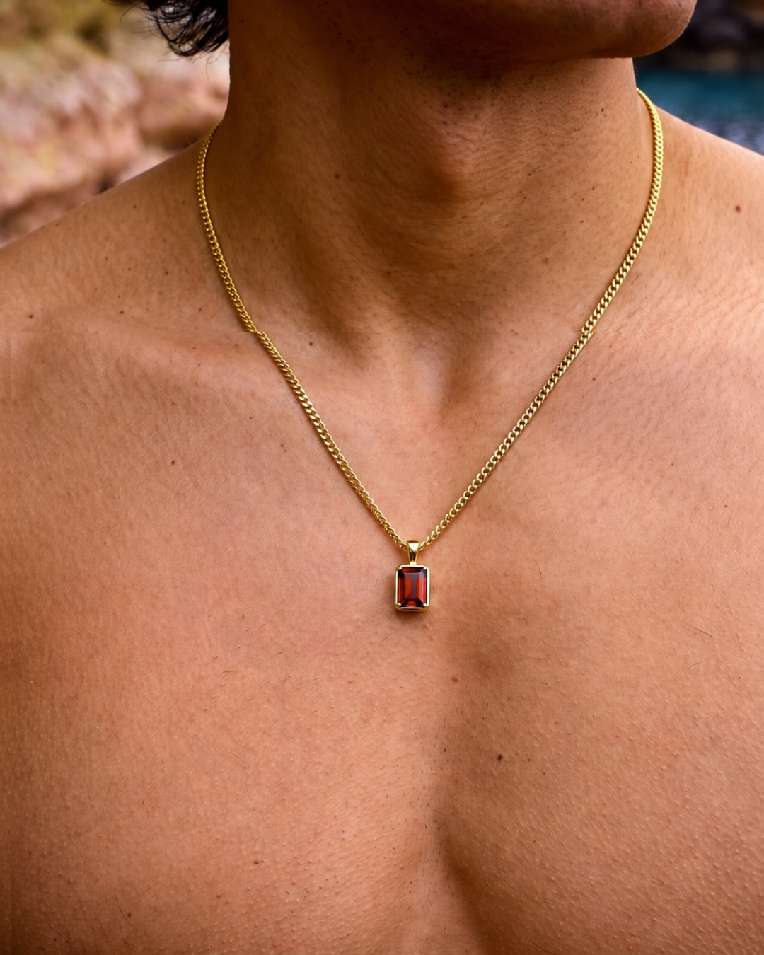 Men’s 1 Carat Lab-Grown Ruby Pendant Necklace, 18K Gold-Plated