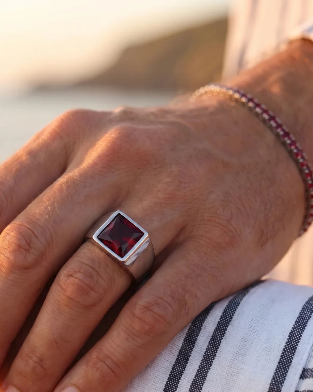 Men’s Red Zirconia Square Signet Ring, Silver-Tone