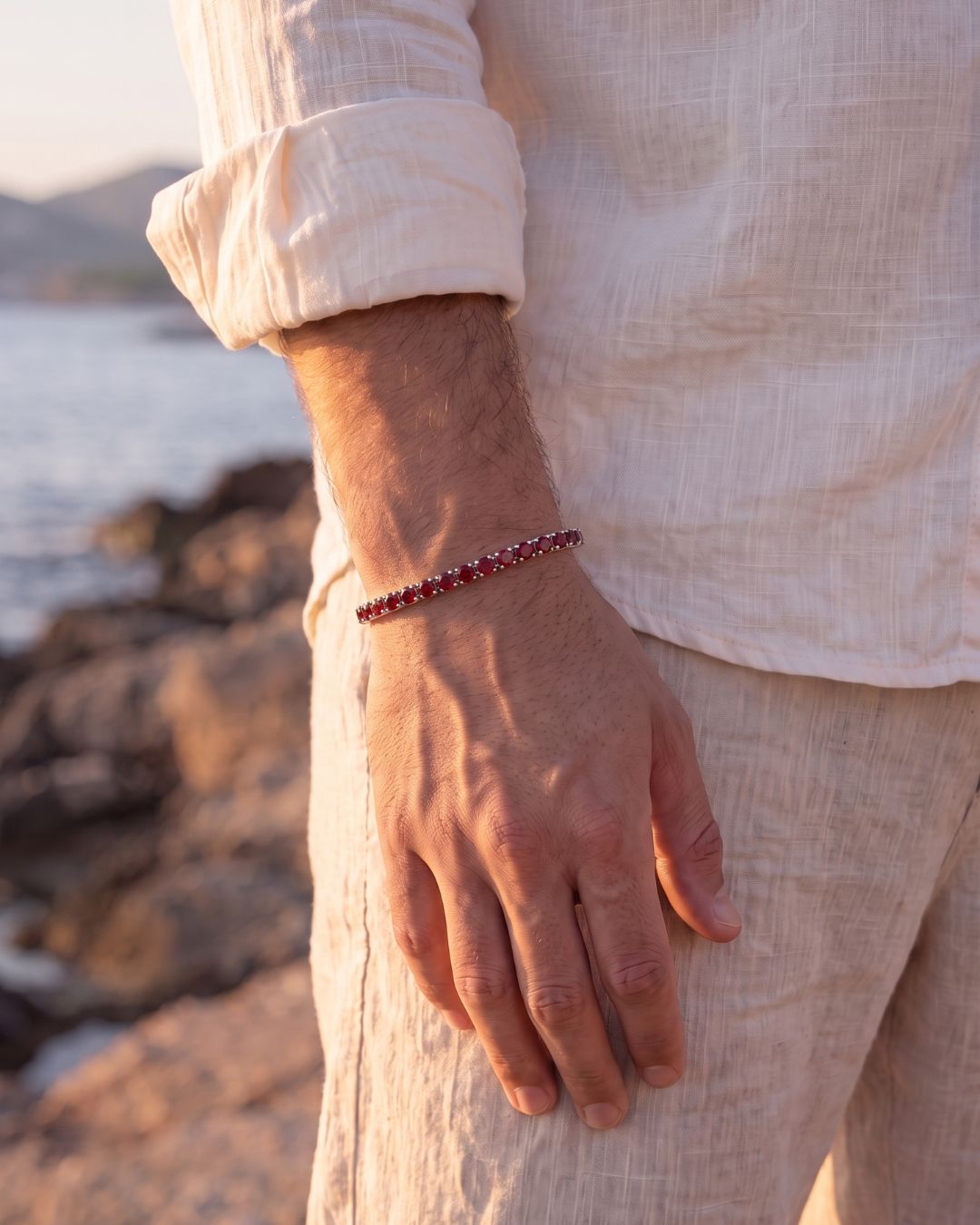 Men’s Red Zirconia Tennis Bracelet, 4 mm, Silver-Tone Steel