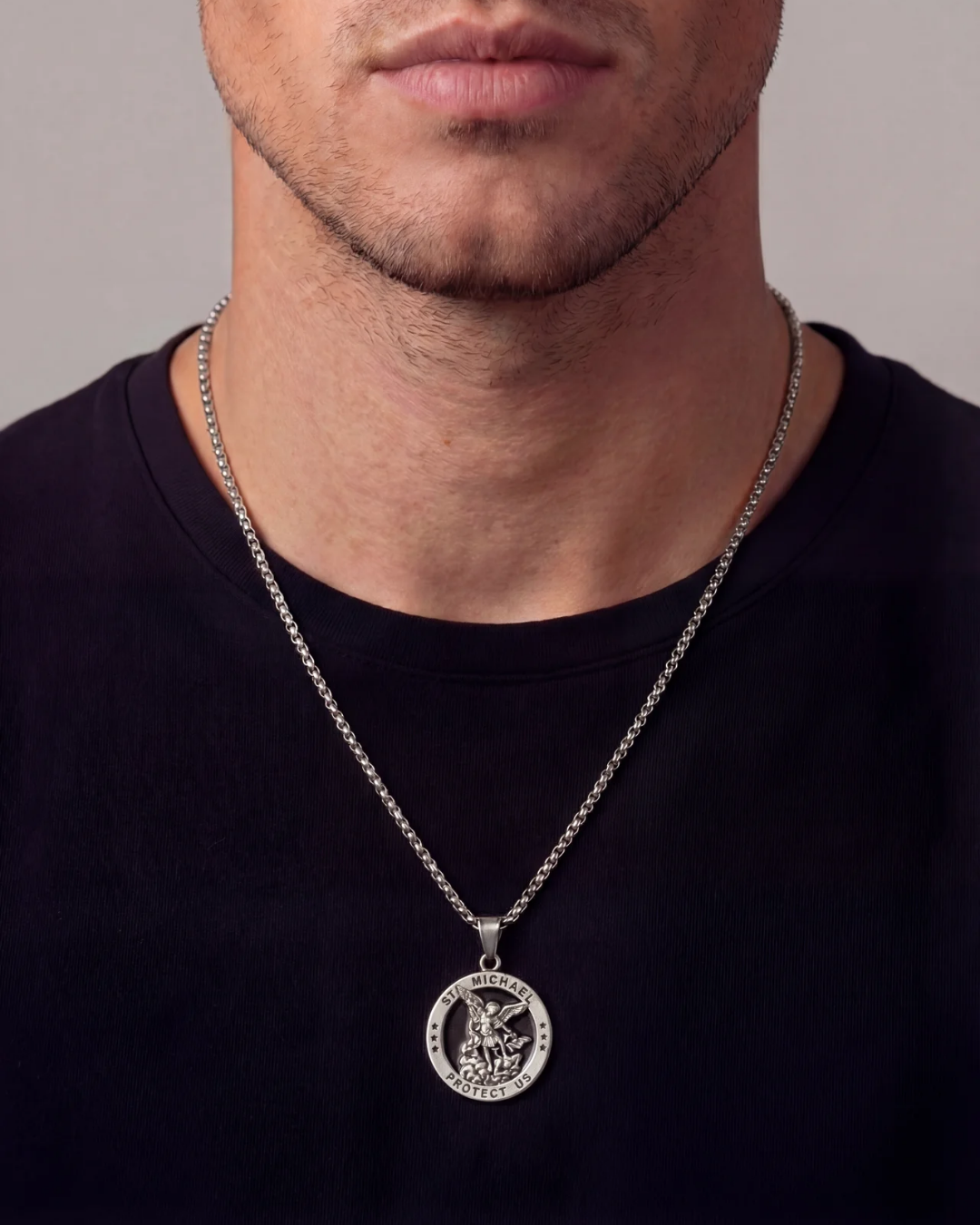 Saint Michael Medallion Necklace, Silver-Plated Steel