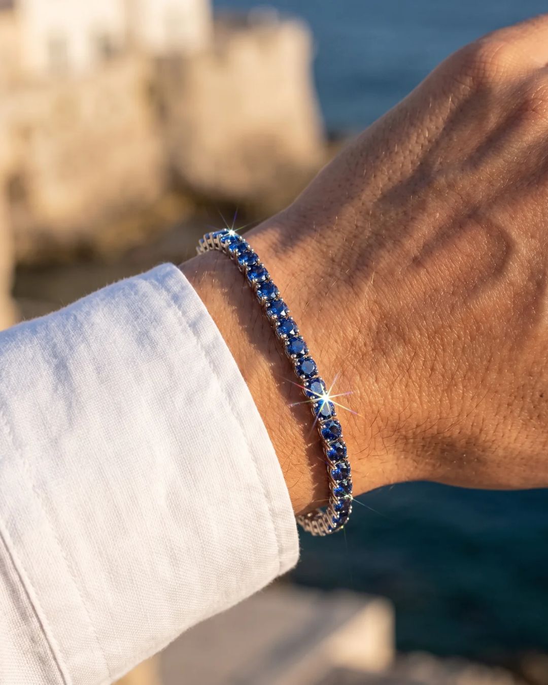 Men’s Royal Blue Moissanite Tennis Bracelet, 4 mm, 925 Sterling Silver