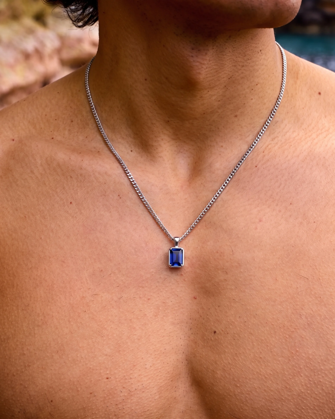 Men’s 1 ct Lab-Grown Sapphire Pendant Necklace, 925 Silver Pendant