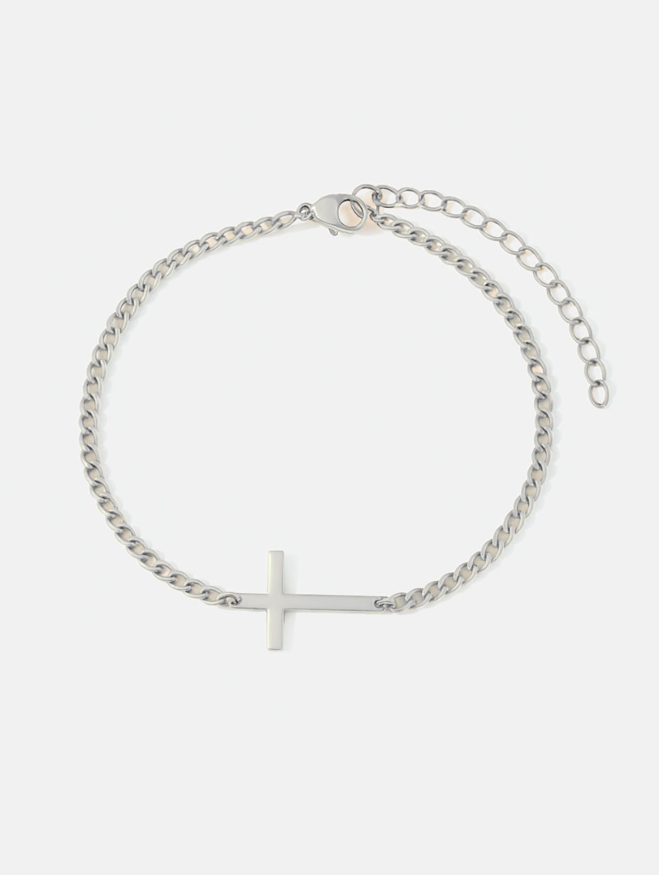 Men’s Cuban Chain Cross Bracelet, 3 mm, Platinum-Plated Steel