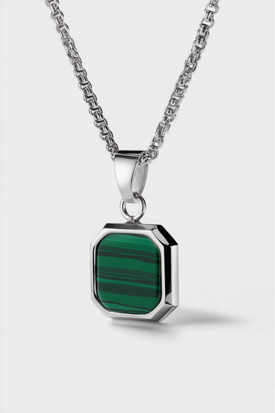 Men’s Green Malachite Pendant Necklace, Silver-Plated Steel