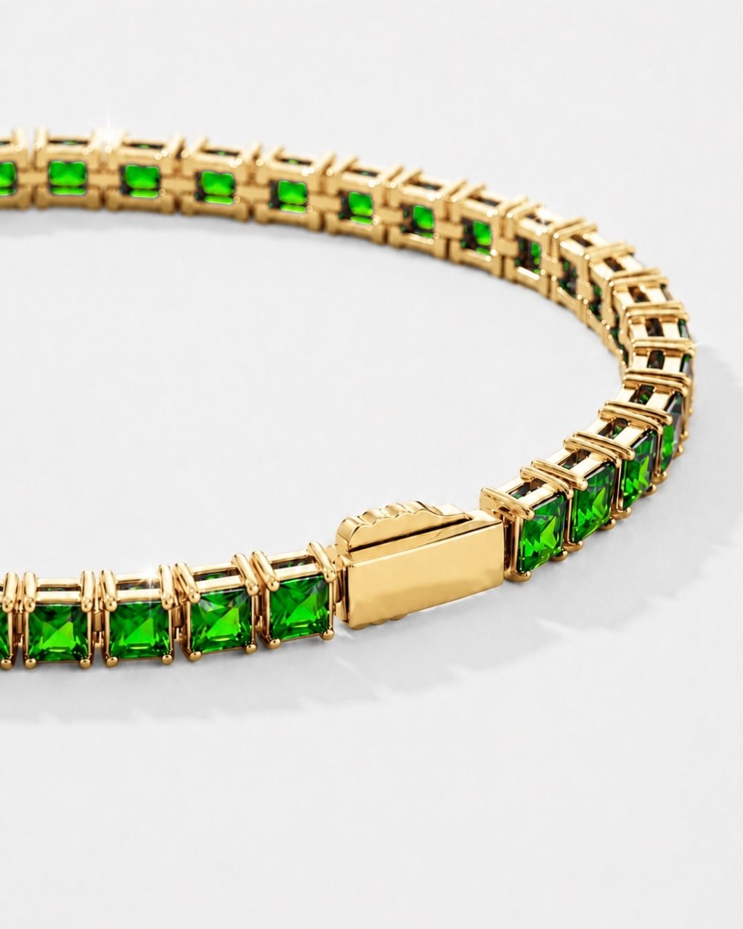 Green Square-Stone Tennis Bracelet, 4 mm, Gold-Tone Steel