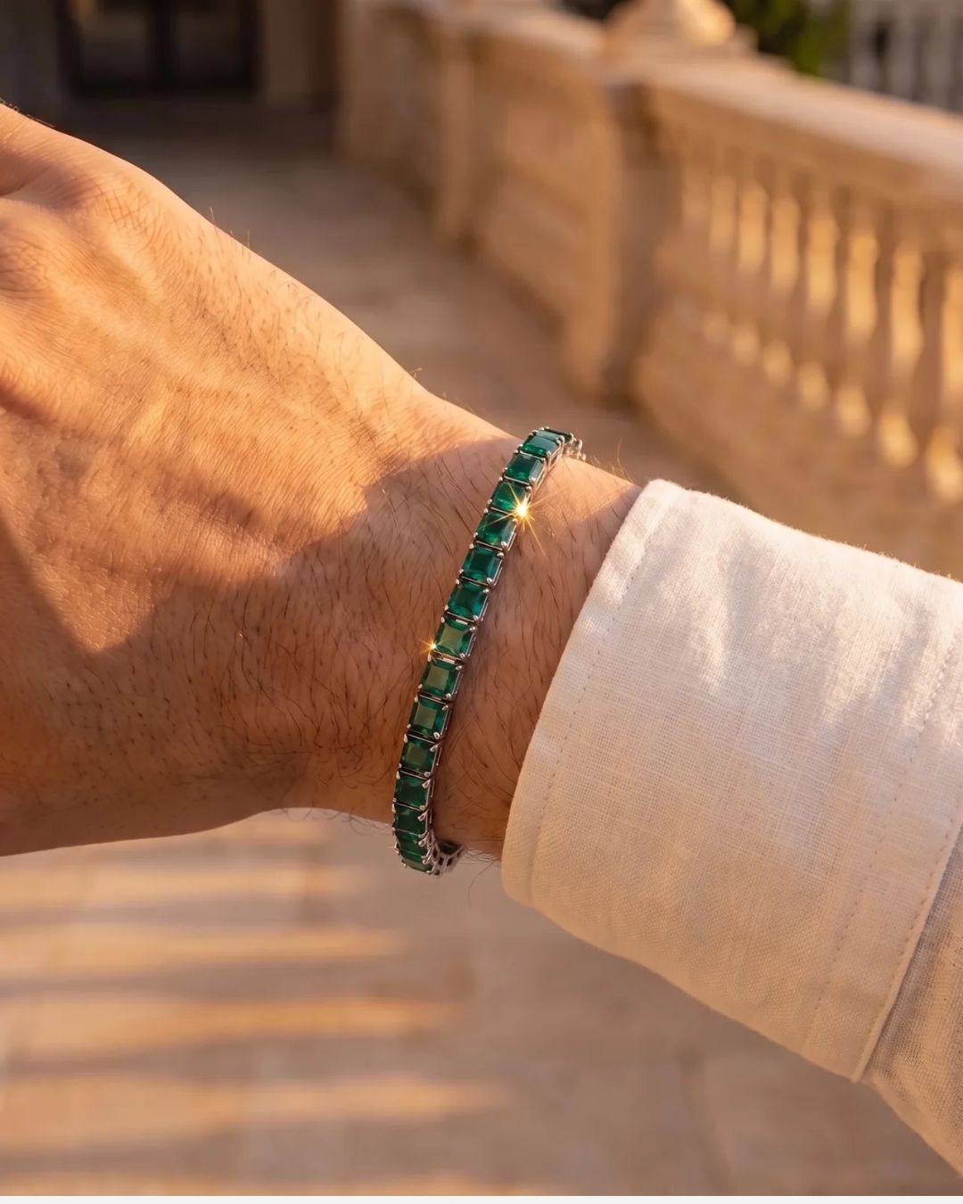 Green Square-Stone Tennis Bracelet, 5 mm, Silver-Tone Steel