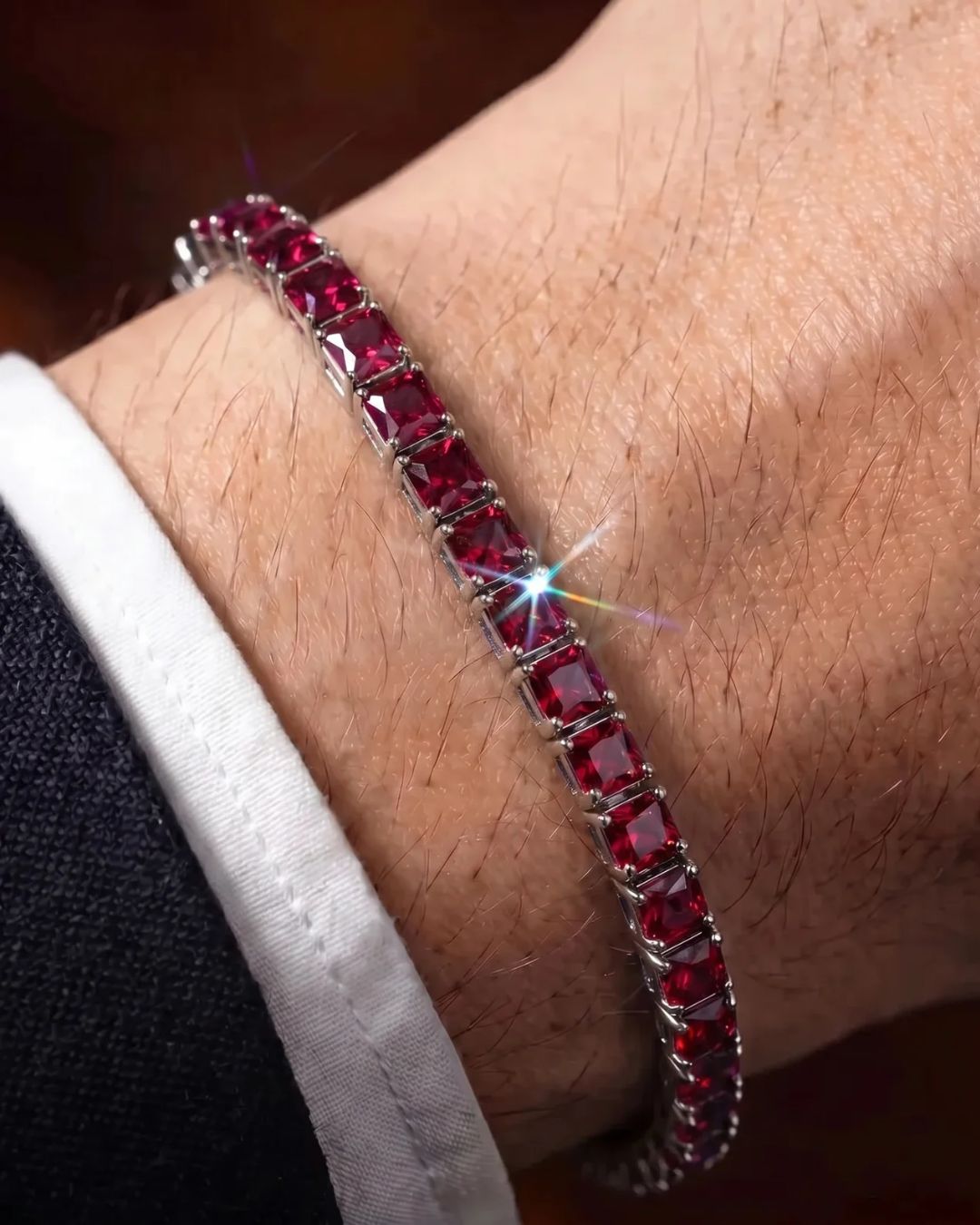 Red Square-Stone Tennis Bracelet, 5 mm, Silver-Tone Steel