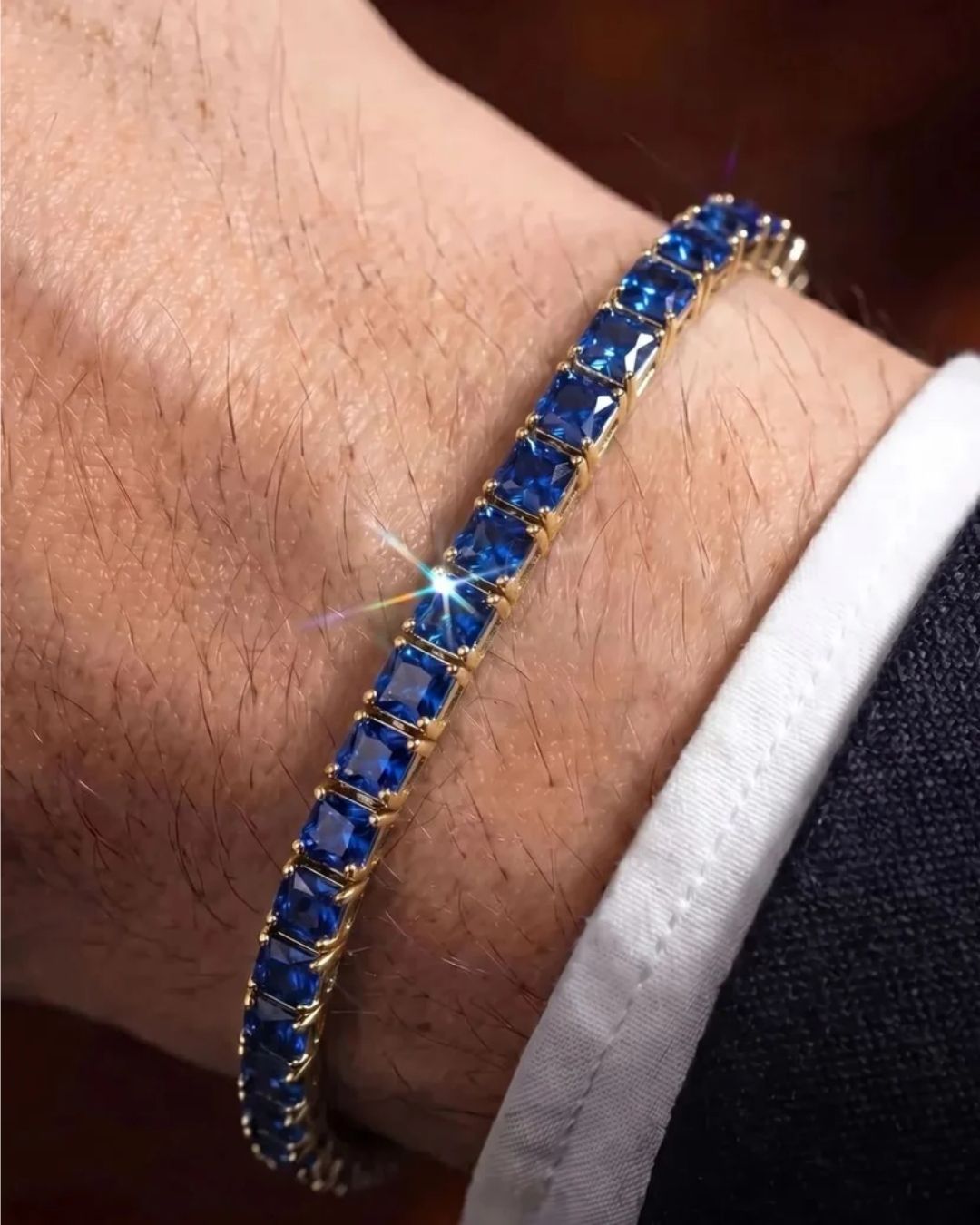Blue Square-Stone Tennis Bracelet, 4 mm, Gold-Tone Steel