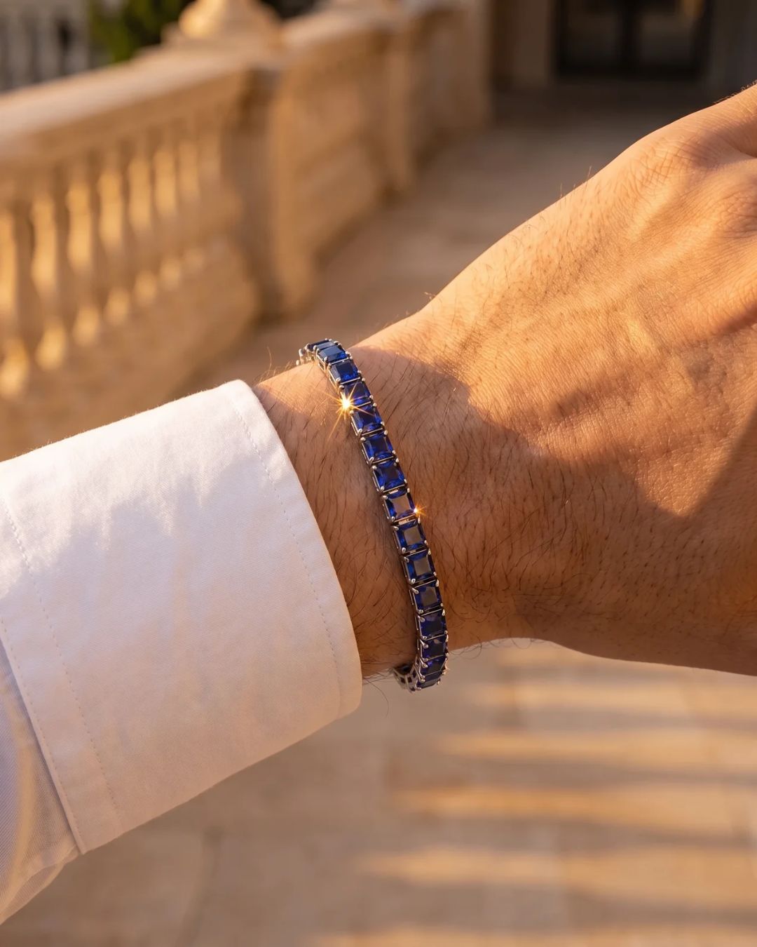 Blue Square-Stone Tennis Bracelet, 5 mm, Silver-Tone Steel