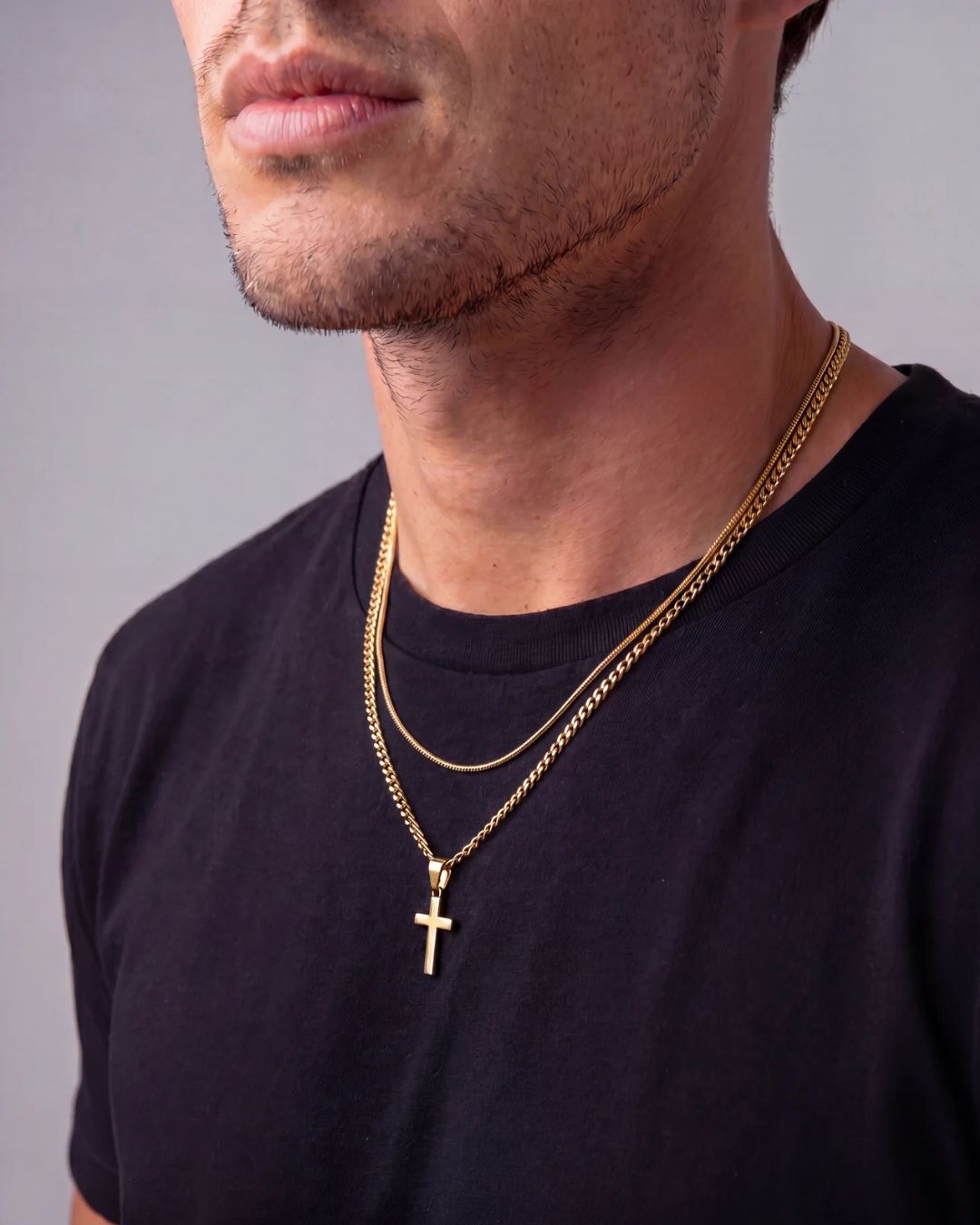 Cross and Square Chain Necklace Set, 2 Pieces, 18K Gold-Plated