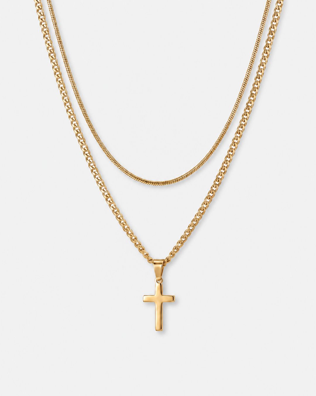 Cross and Square Chain Necklace Set, 2 Pieces, 18K Gold-Plated