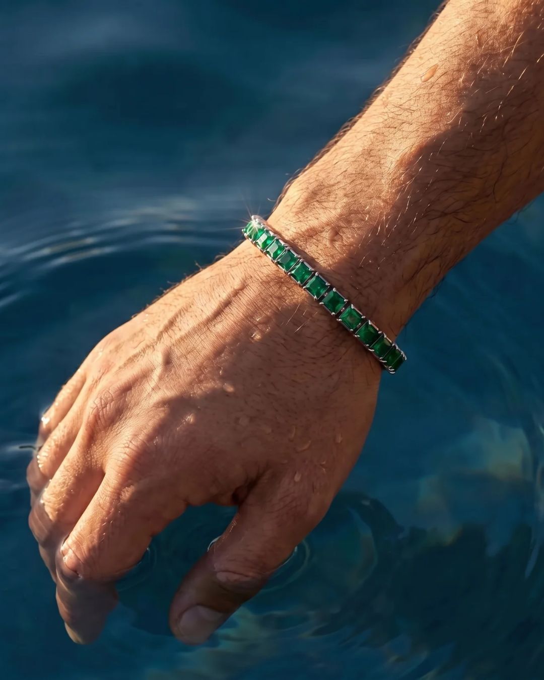 Green Square-Stone Tennis Bracelet, 5 mm, Silver-Tone Steel