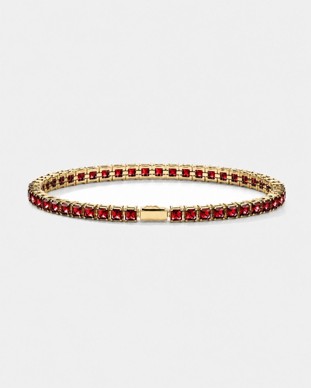 Red Square-Stone Tennis Bracelet, 4 mm, Gold-Tone Steel