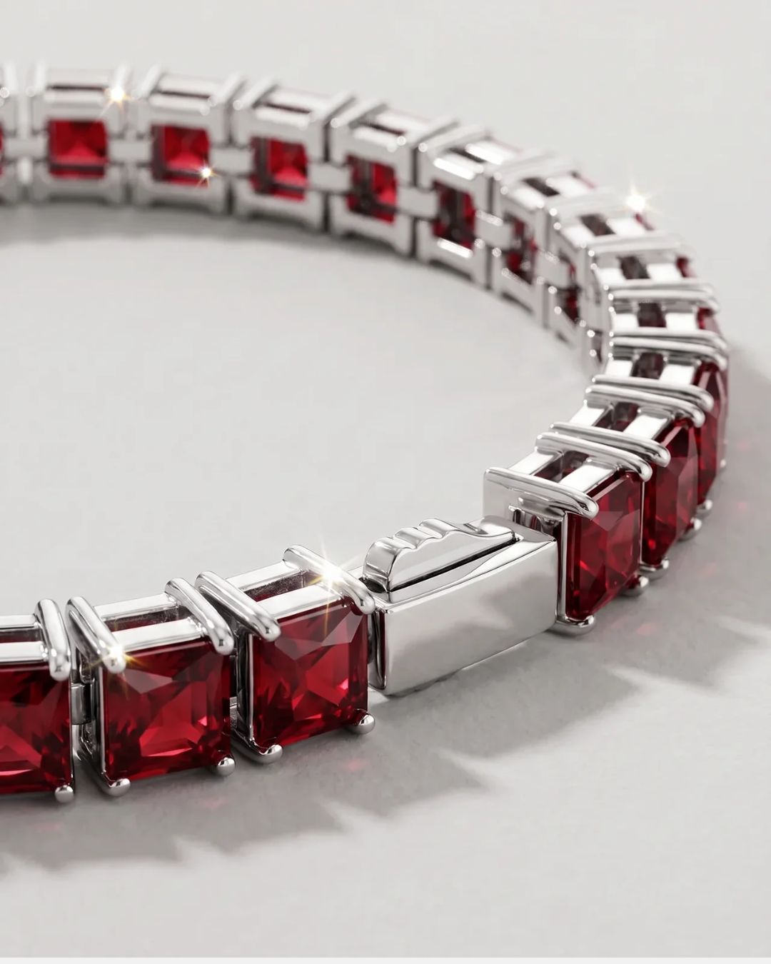 Red Square-Stone Tennis Bracelet, 5 mm, Silver-Tone Steel