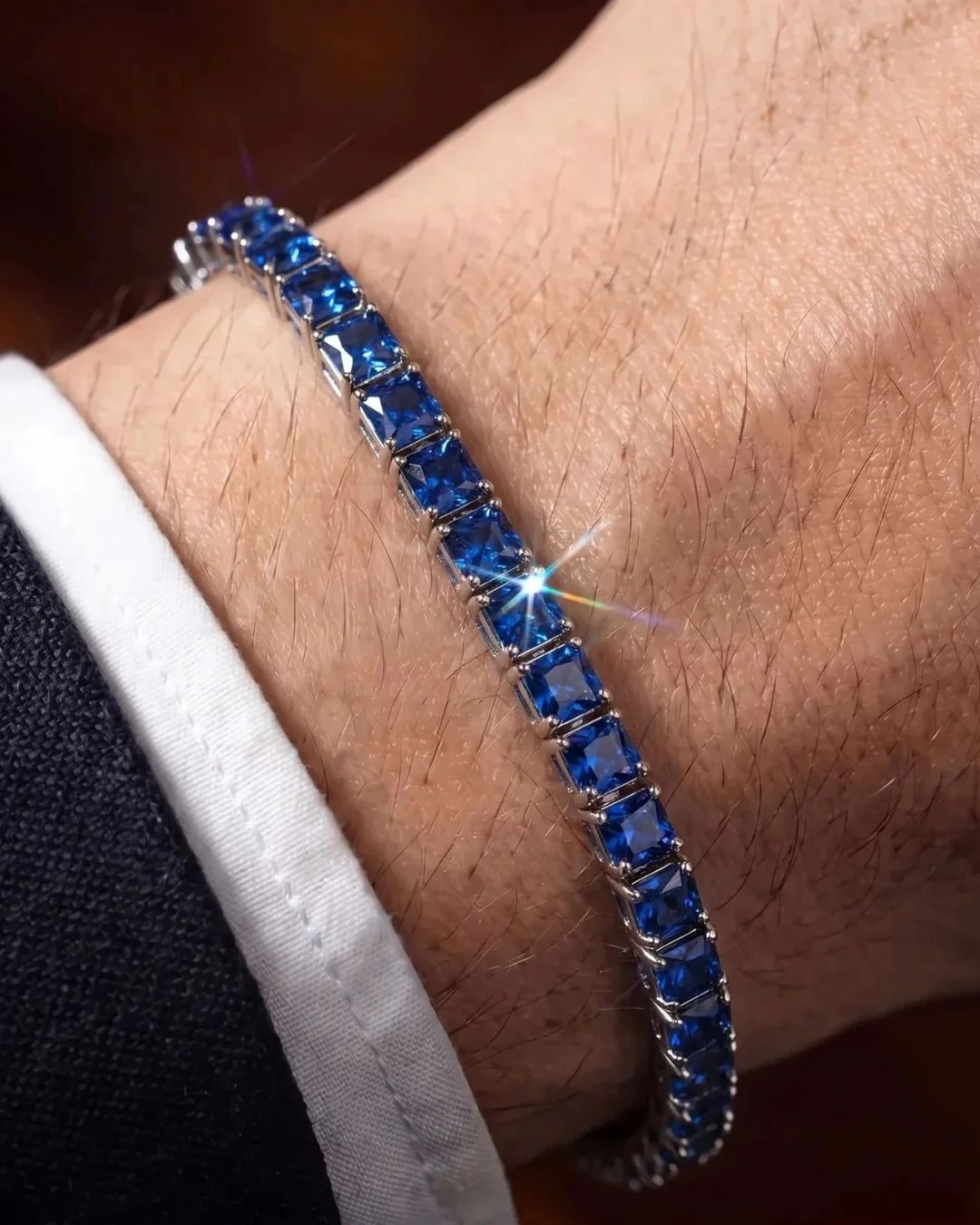 Blue Square-Stone Tennis Bracelet, 4 mm, Silver-Tone Steel