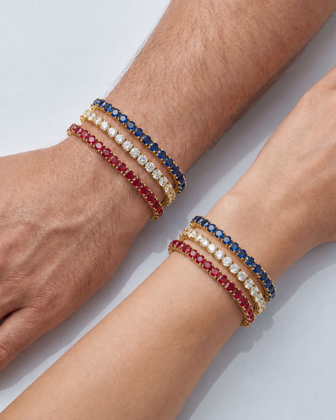 Men’s Red White Blue Tennis Bracelet Set, 3 Pieces, 14K Gold-Plated