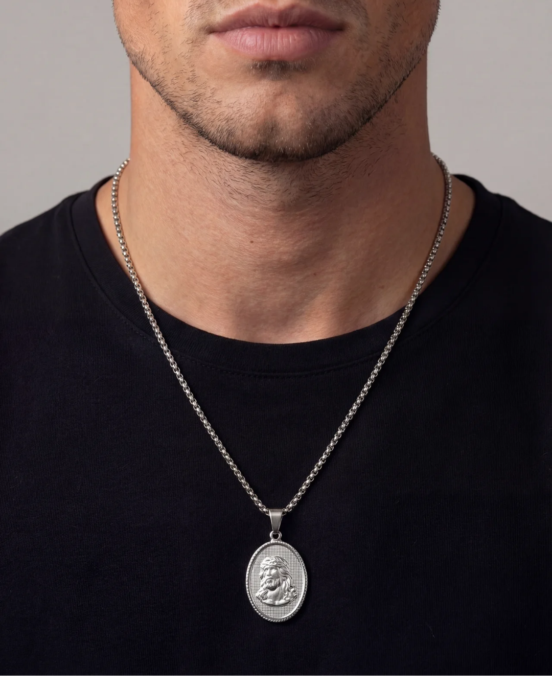 Oval Relief Medallion Necklace, Silver-Tone 316L Steel — The King