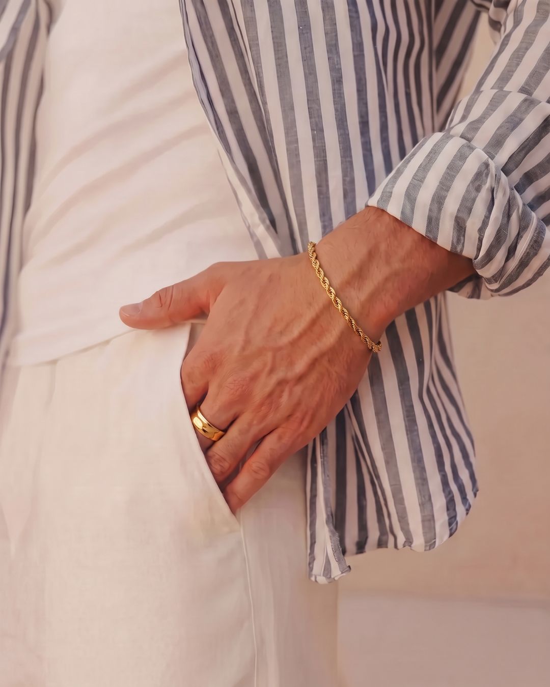 Men’s 3 mm Rope Chain Bracelet, 18K Gold-Plated Steel, Adjustable