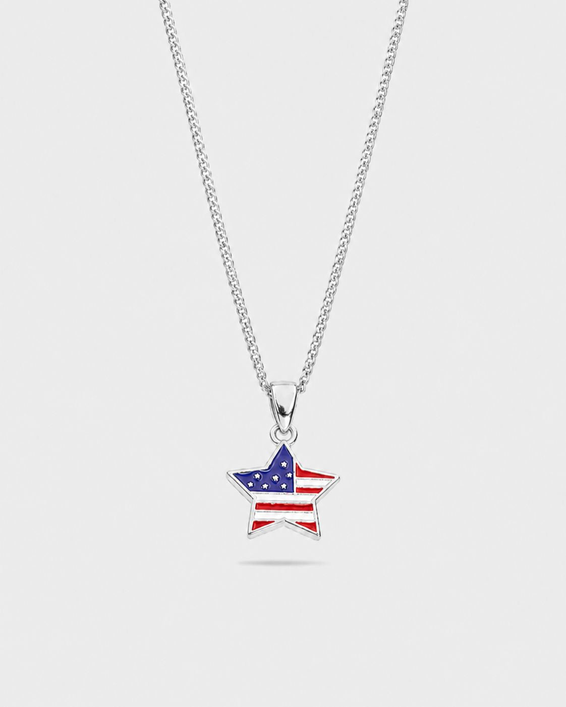 USA Flag Star Pendant Necklace, Silver-Tone Steel