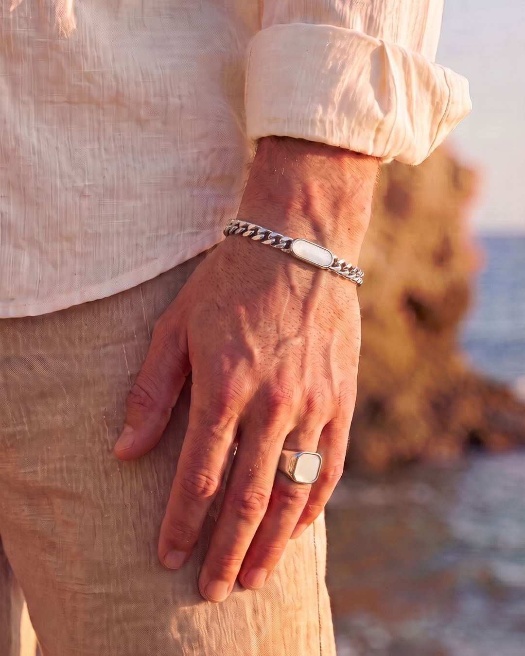 Men’s Pearlescent White Inlay Cuban Chain Bracelet, Adjustable Stainless Steel