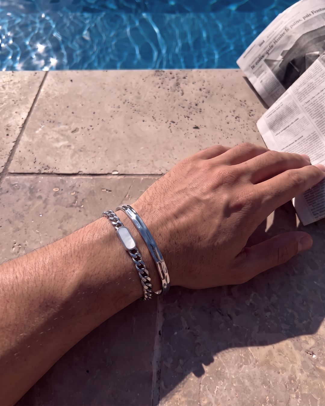 Men’s Pearlescent White Inlay Cuban Chain Bracelet, Adjustable Stainless Steel