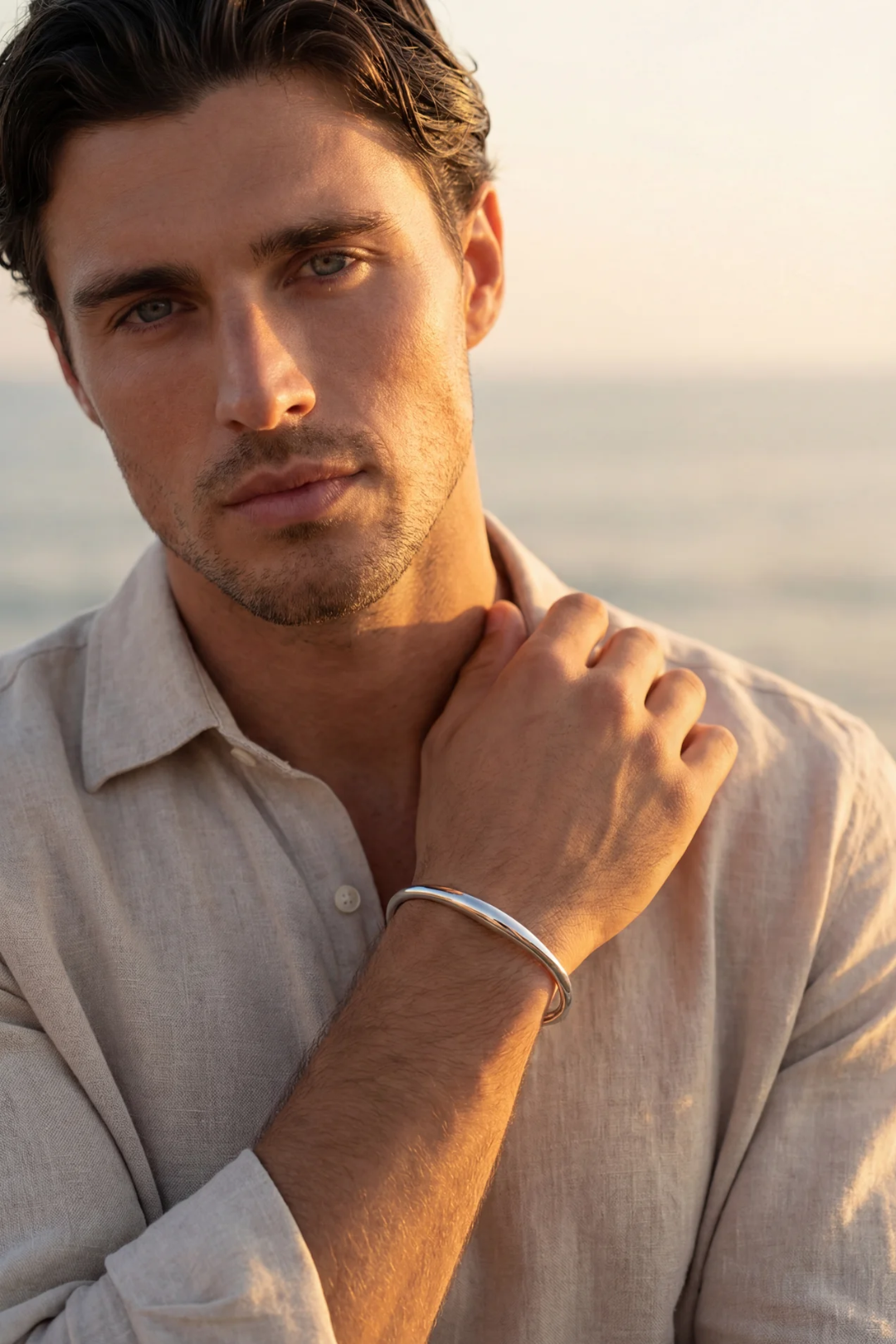 Men’s Slim Wave Adjustable Open Cuff Bracelet, Silver-Plated