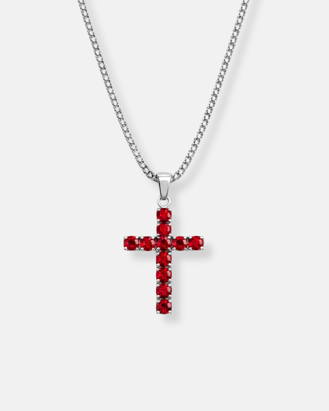 Red Zirconia Cross Pendant Necklace, Silver-Tone, 60 cm