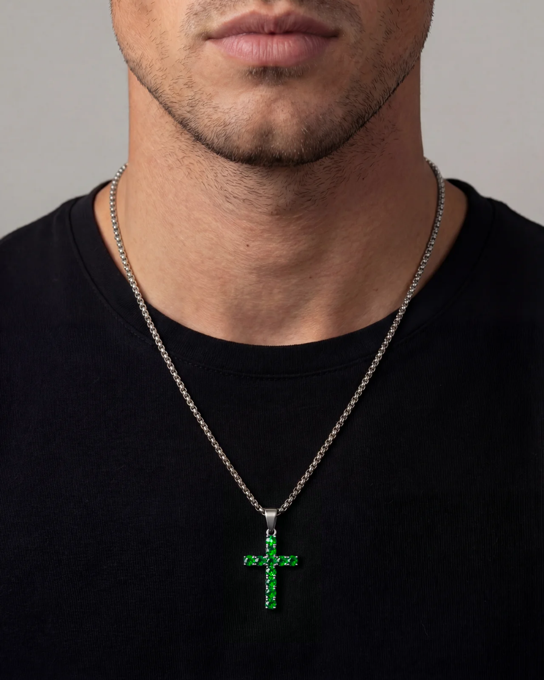Green Zirconia Cross Pendant Necklace, Silver-Tone, 60 cm